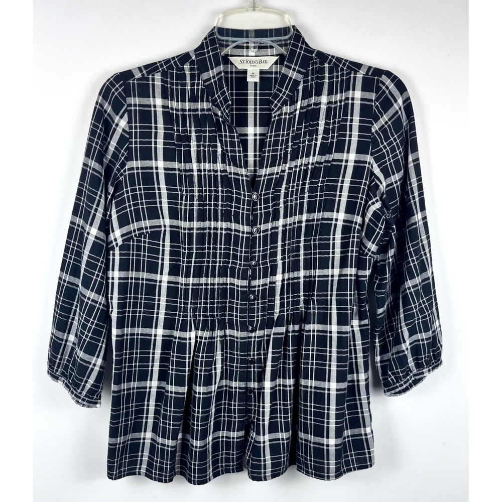 St John's Bay Petite Small Black White Plaid Pintuck 3/4 Sleeve Cotton Blouse